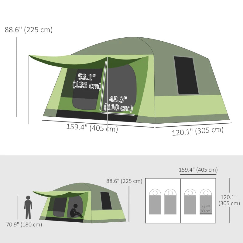 Tunnel Tent Camping Shelter w/ Porch, Two Rooms, Lamp Hook, Portable Carry Bag, Green