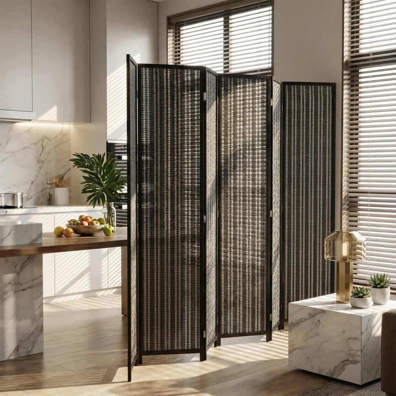 Folding Privacy Screen, 6 Panel Room Divider, Freestanding Partition with Handwoven Bamboo and Pine Wood Frame, Black