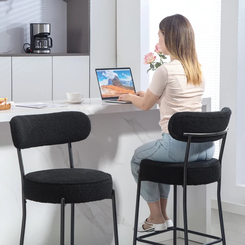 Set of 2 Barstools, Upholstered Bar Stools with Backrest, Footrest for Kitchen Island, Dining Room, Black