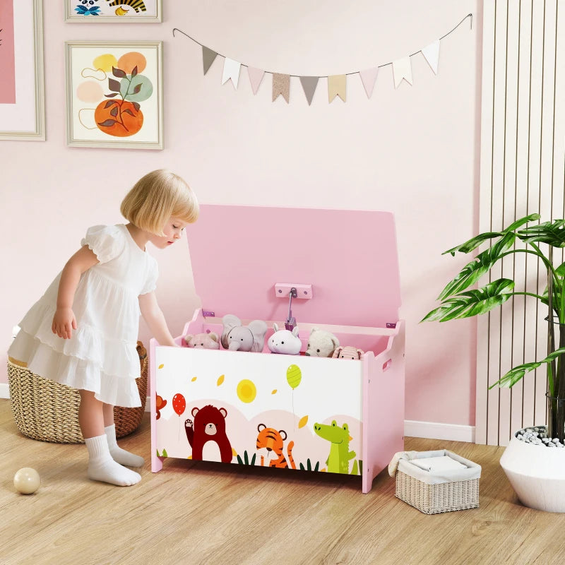 Qaba Kids Storage Chest with Lid, Toy Box Organizer with Safety Hinges for Playroom, Bedroom, Living Room, Pink