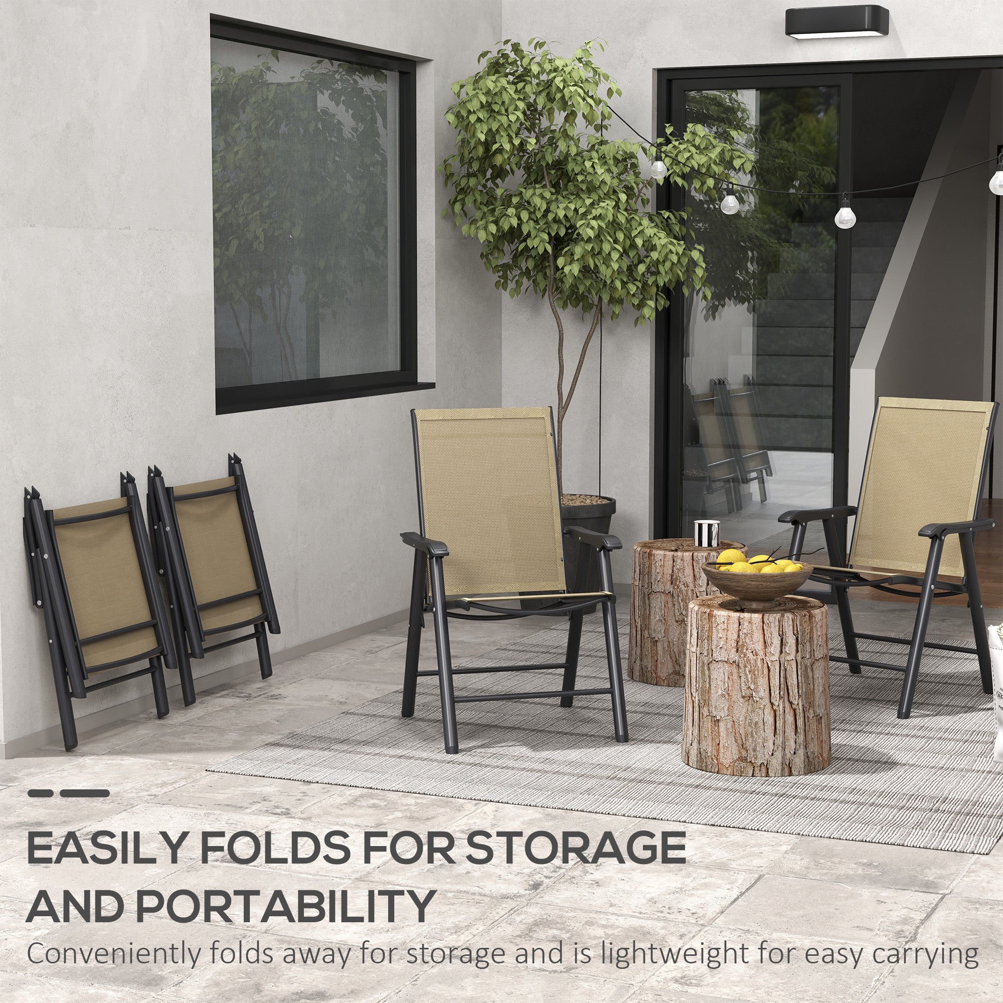Outsunny 4-Piece Folding Chair Set for Relaxing on Patio Balcony Garden, Comfortable Outdoor Furniture with Armrests, Brown 