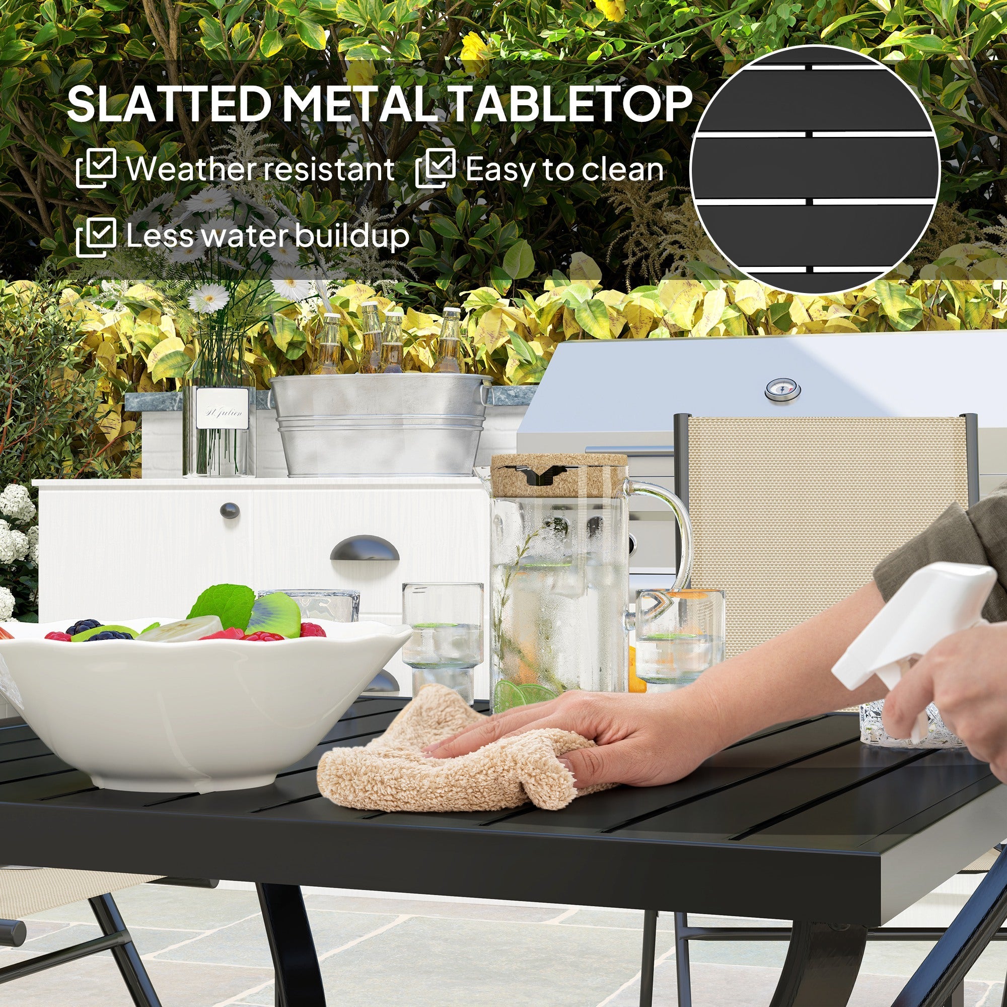Outsunny 37" Square Outdoor Dining Table, Galvanized Steel Patio Table with 2" Umbrella Hole, Slatted Metal Top, Black 