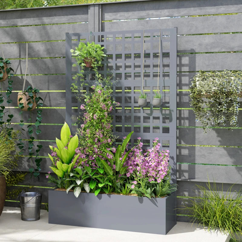 Galvanized Raised Garden Bed Planter Box with Trellis for Climbing Plant Vegetable Vine, 43"x16"x70", Grey Wood Effect