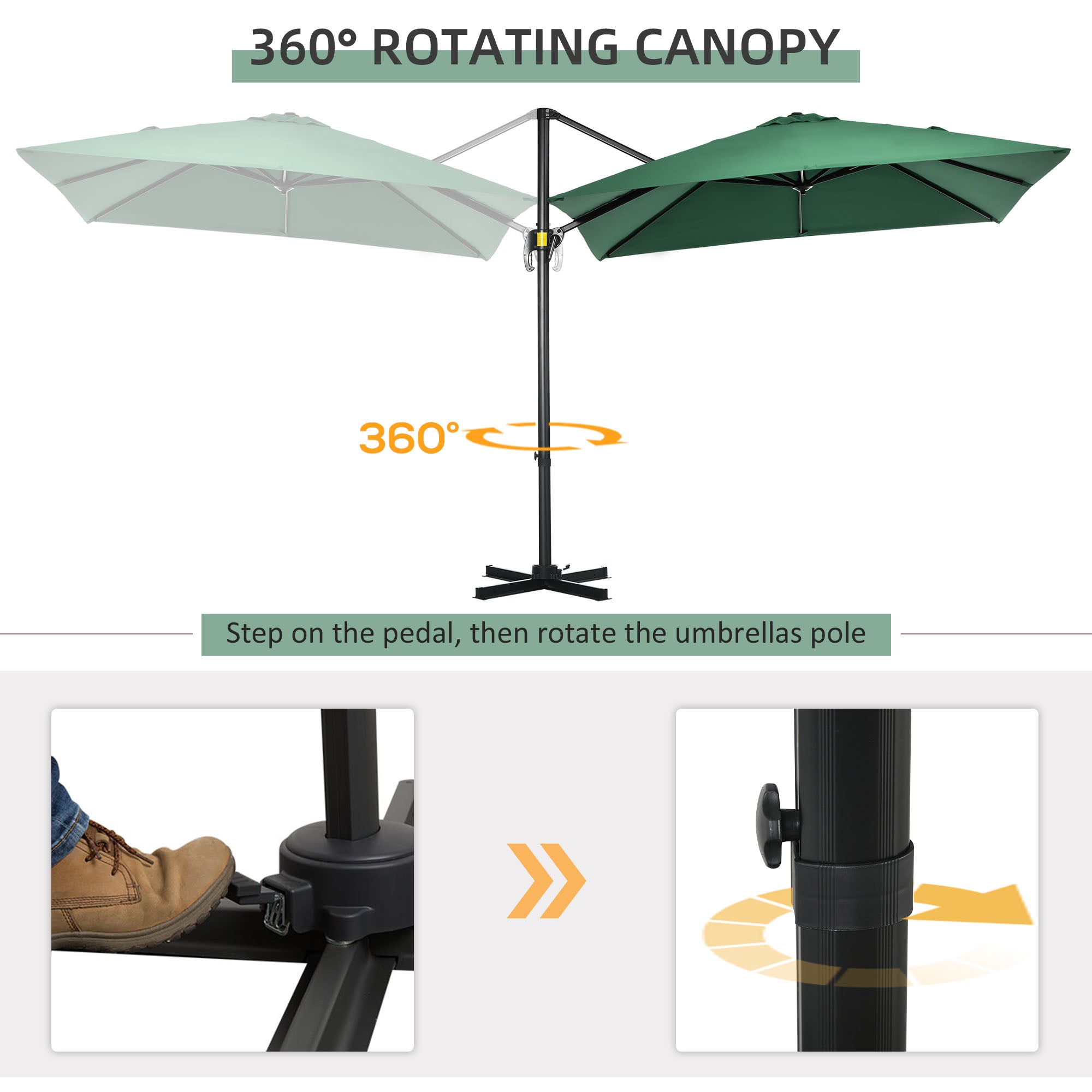 Outsunny Square Hanging Offset Patio Umbrella: 8'x8' Aluminum Cantilever Crank Parasol with 360° Rotation & Cross Base, Green 