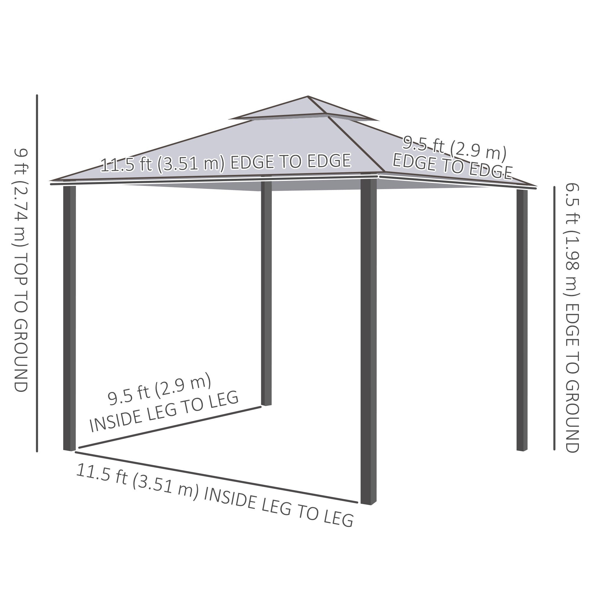 Outsunny 11.65' x 10' Patio Gazebo Outdoor Pavilion 2 Tire Roof Canopy Shelter Garden, Steel Frame w/ Mosquito Netting, Light Grey 