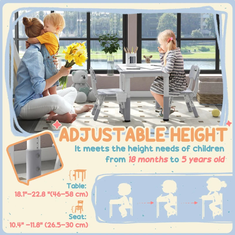 Qaba 3 Pieces Toddler Table and Chair Set, Height Adjustable Kids Table and Chair Set w/ Storage, for Playroom Grey