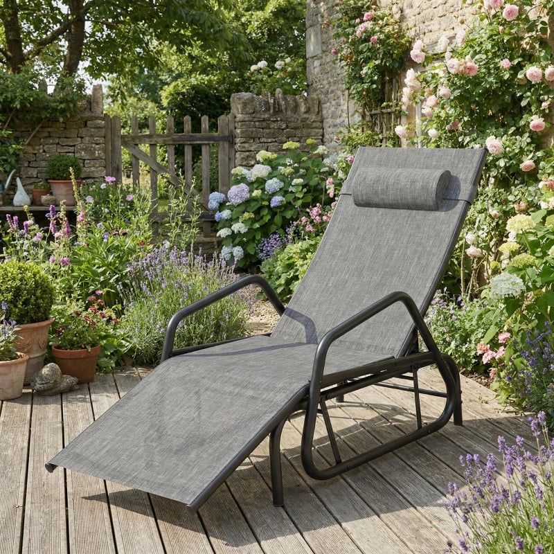 Outdoor Glider Lounge Chair, 3-Position Adjustable Tanning Chair Recliner with Headrest for Garden, Yard, Pool, Grey