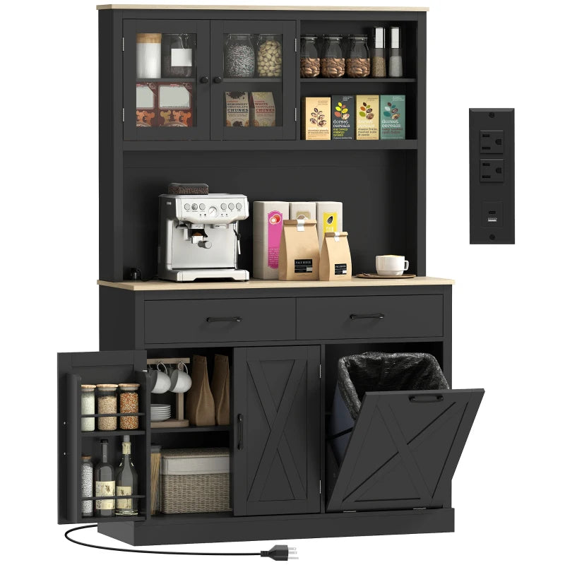 69" Kitchen Pantry Cabinet with Charging Station Kitchen Cabinet with Microwave Stand 7 Gallon Trash Can Cabinet Black