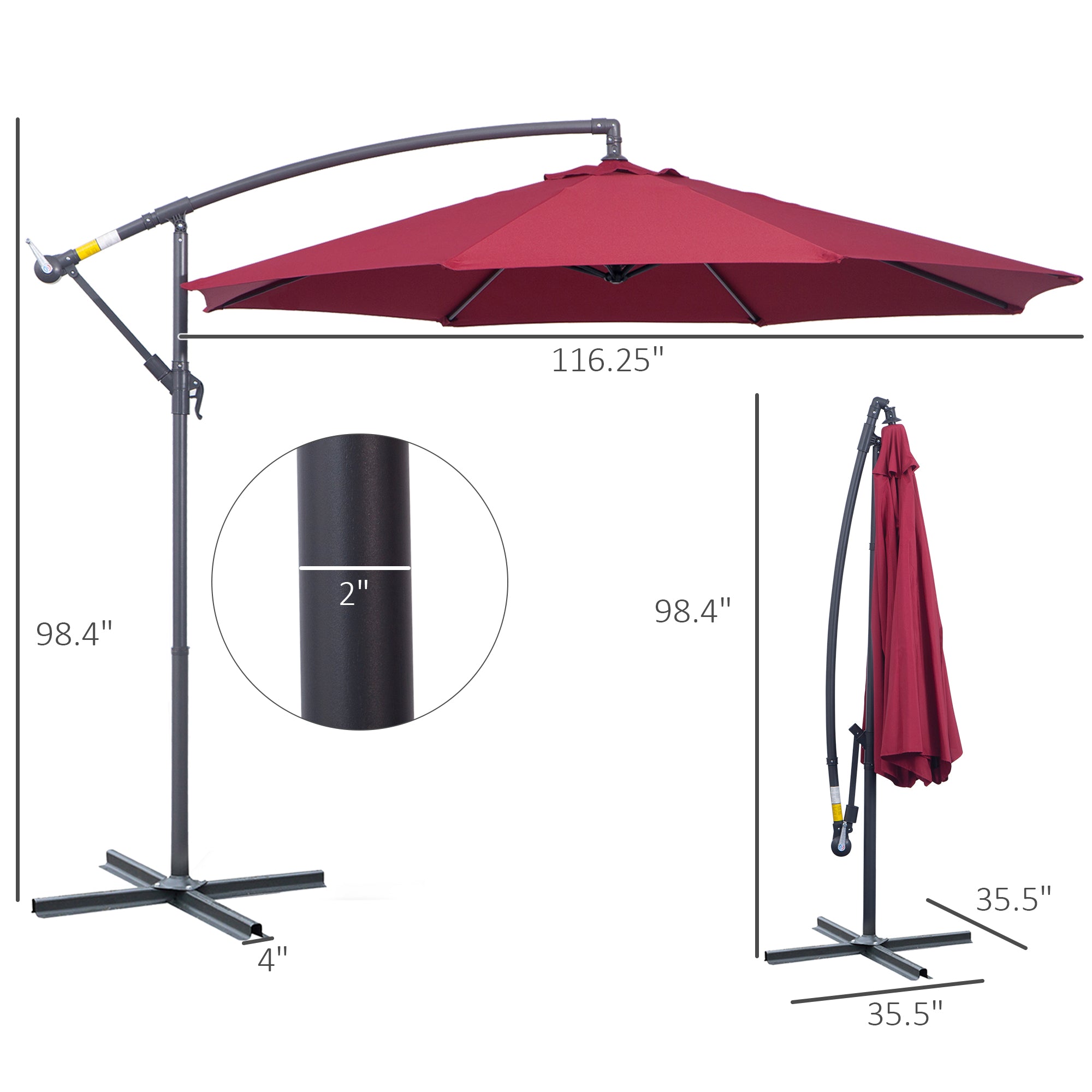 Outsunny Offset Patio Umbrella: Φ10' Deluxe Outdoor Banana Hanging Parasol with Sunshade, Crank & Base, Wine Red 