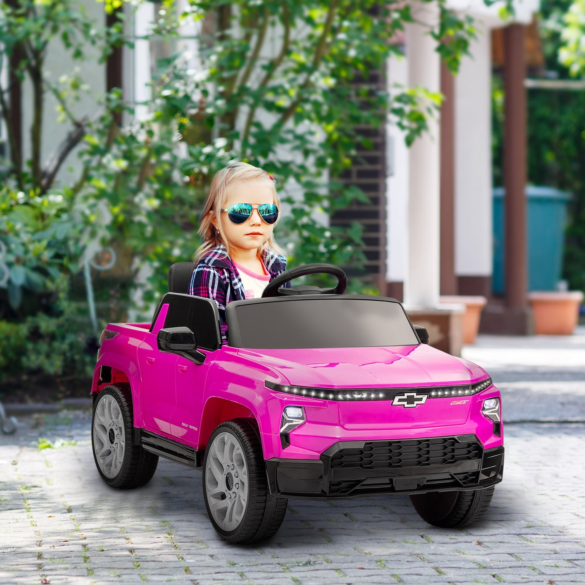 Qaba 12V CHEVROLET SILVERADO EV RST Licensed Kids Car w/ Remote, Spring Suspension, Soft Start, Training Wheels, Pink 