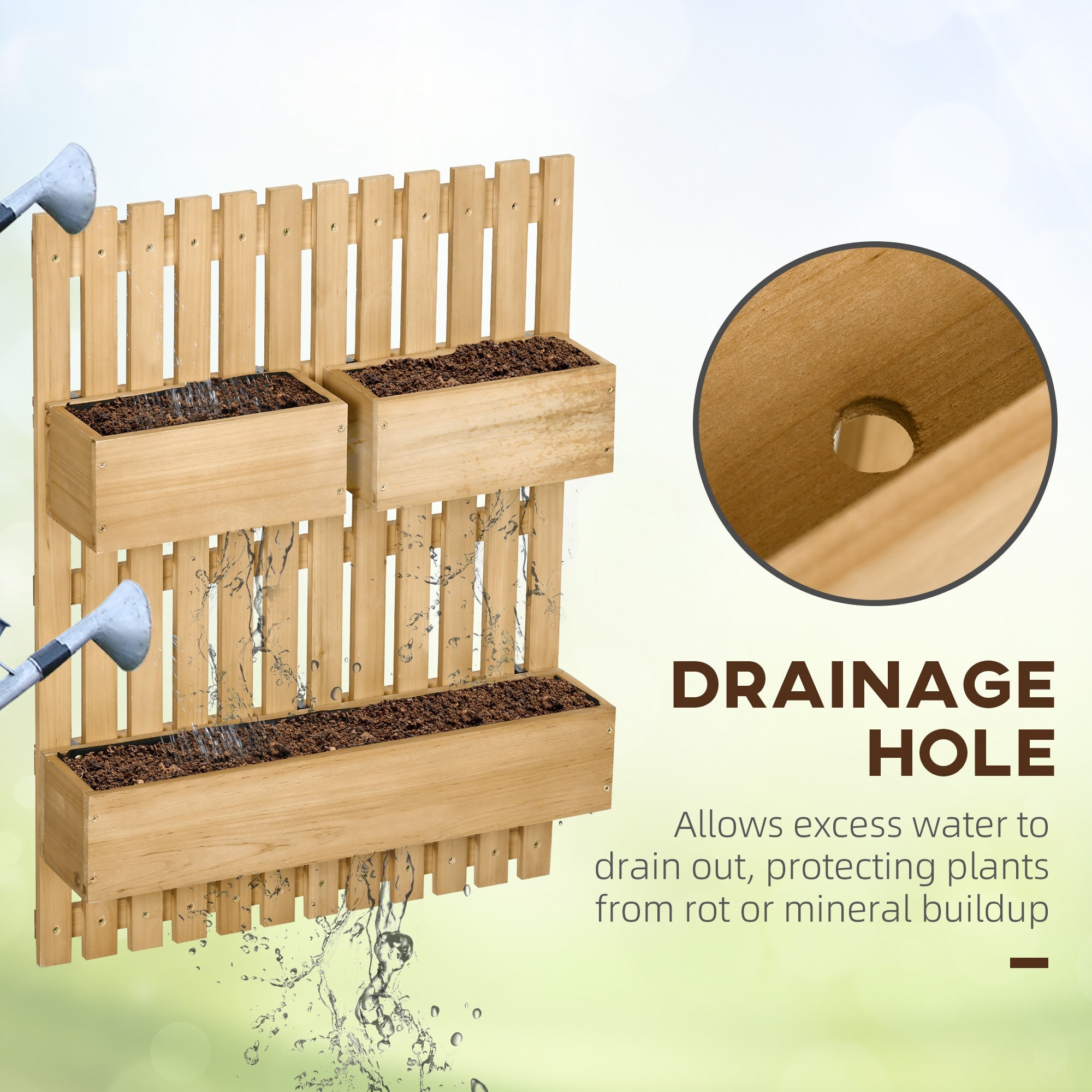 Outsunny 3 Box Raised Garden Bed with Trellis, Wall-Mounted Wood Planter Box Set with Drainage Hole for Flowers, Climbing Plants 