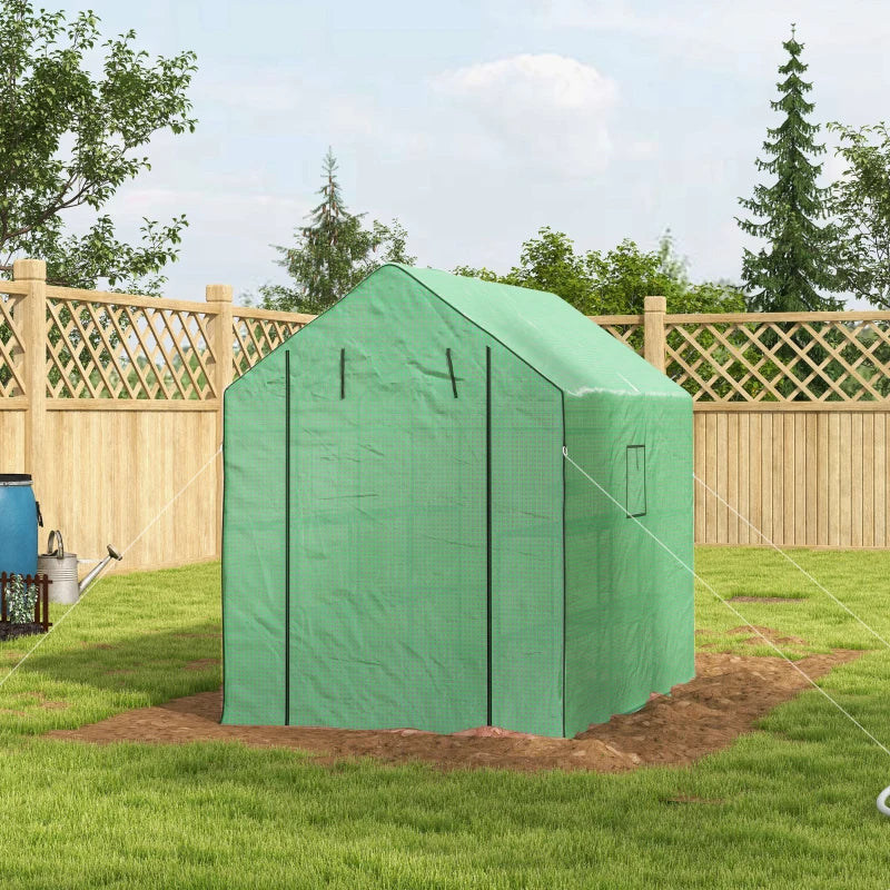 Walk-in Greenhouse with 3 Tier, Garden Plant Growhouse with Roll-up Door and Mesh Windows, 140 x 213 x 190 cm, Green