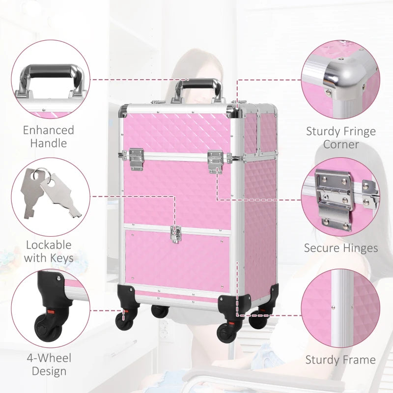 Portable Aluminum Makeup Train Cases, Rolling Makeup Case, Salon Beauty Cosmetic Jewelry Organizer Trolley with 4 Wheels, Pink