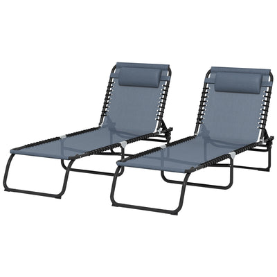 Outsunny 2 PCs Folding Lounge Chairs, Adjustable Chaise Lounges with Headrest, Reclining Lounger Cot for Camping, Hiking, Grey 