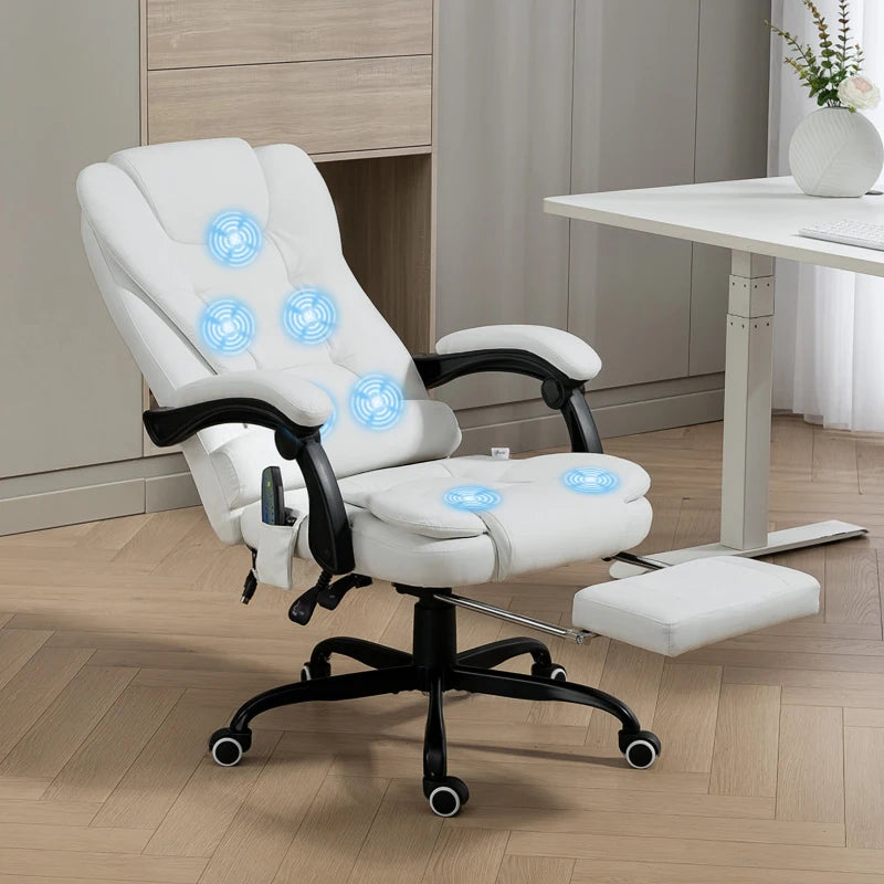 7-Point Vibrating Massage Chair, Reclining Office Chair with Footrest, Reclining Back, Adjustable Height, White
