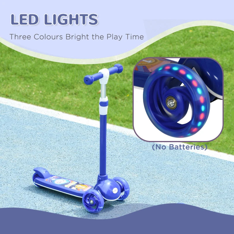 Qaba 3 Wheel Kids Scooter, Toddler Kick Scooter with Adjustable Height, Rear-Fender Brake, LED Light, TPE Handlebar, Blue