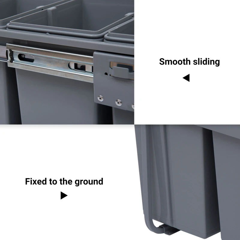 Pull Out Trash Can Under Cabinet, 10.6 Gallon (40L) Slide Out Garbage Can with 3 Removable Compartments, Grey