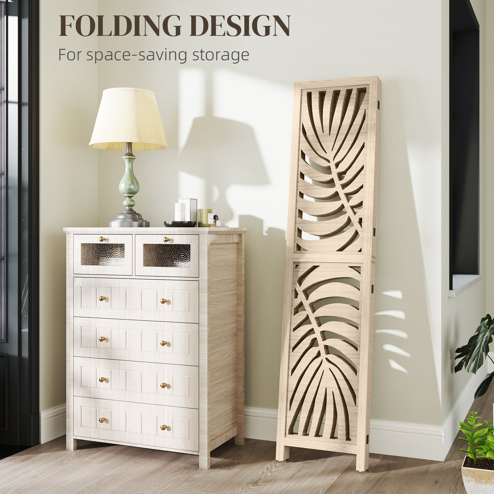 HOMCOM 4 Panel Room Divider, Detachable Folding Privacy Screens with Palm Leaf Design for Home Office, Natural Wood Finish 