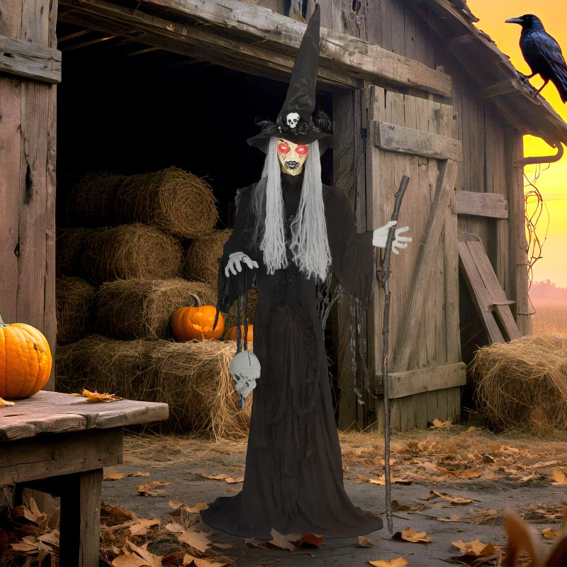 Outsunny 5ft Life-Size Animated Standing Witch – Voice & Sound Activated, Moving Head & Flashing Eyes, Indoor Halloween Prop 