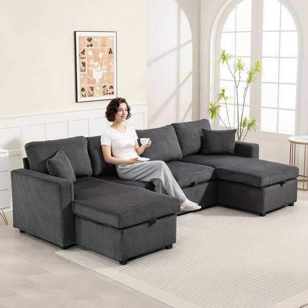U-Shaped Convertible Sofa Bed with Storage Chaises – Dark Grey Corduroy Sleeper Couch with Pocket Springs & Pillows