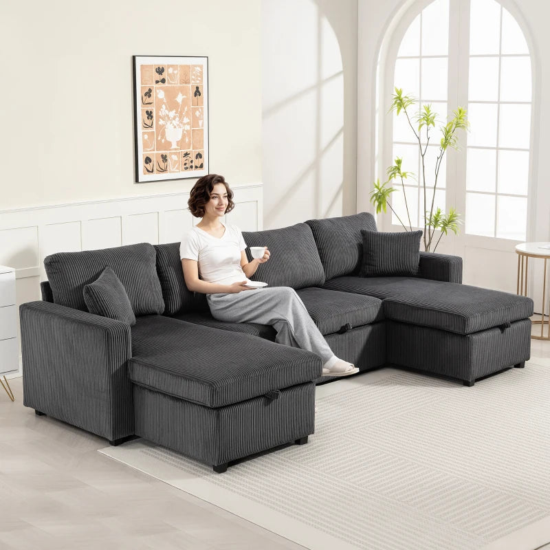 U-Shaped Convertible Sofa Bed with Storage Chaises – Dark Grey Corduroy Sleeper Couch with Pocket Springs & Pillows