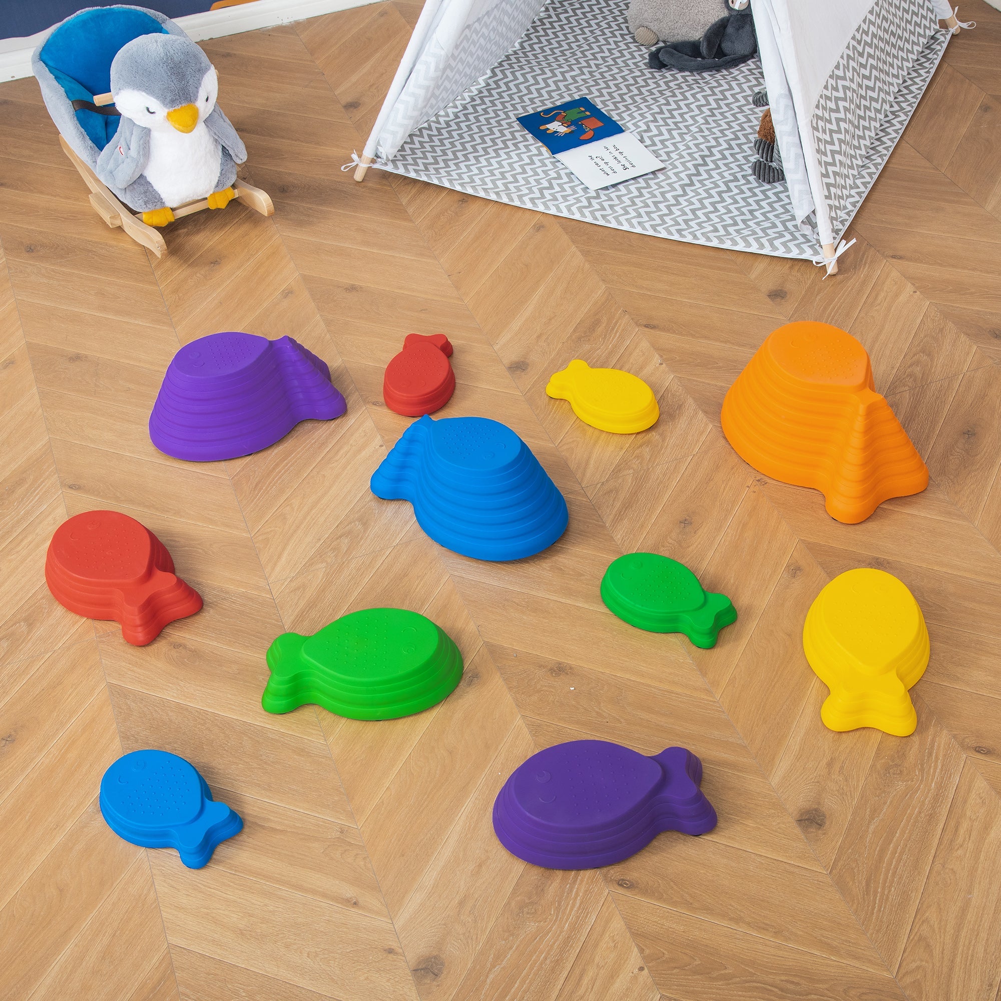 Outsunny 11pcs Kids Balance Stepping Stones, Fish Style - Non-slip, Stackable Obstacle Course for Toddler Balance 