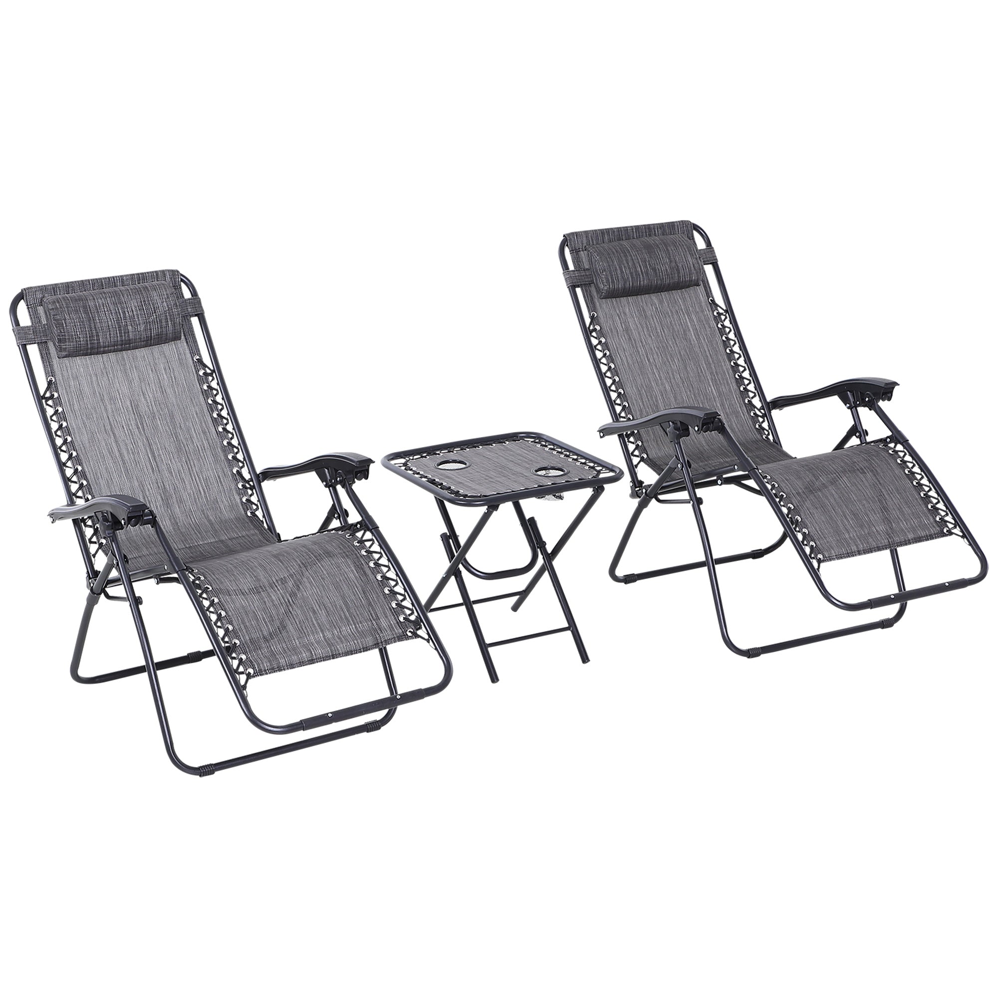 Outsunny Gravity-Defying Comfort: 3pcs Zero Gravity Lounger Chair Set, Patio Chaise Lounge with Side Table, Cup Holder, Dark Grey 