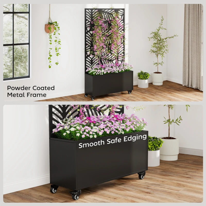 Metal Planter Box with Trellis, Raised Garden Bed with Monstera Leaf Cut-Out Privacy Screen and Wheels