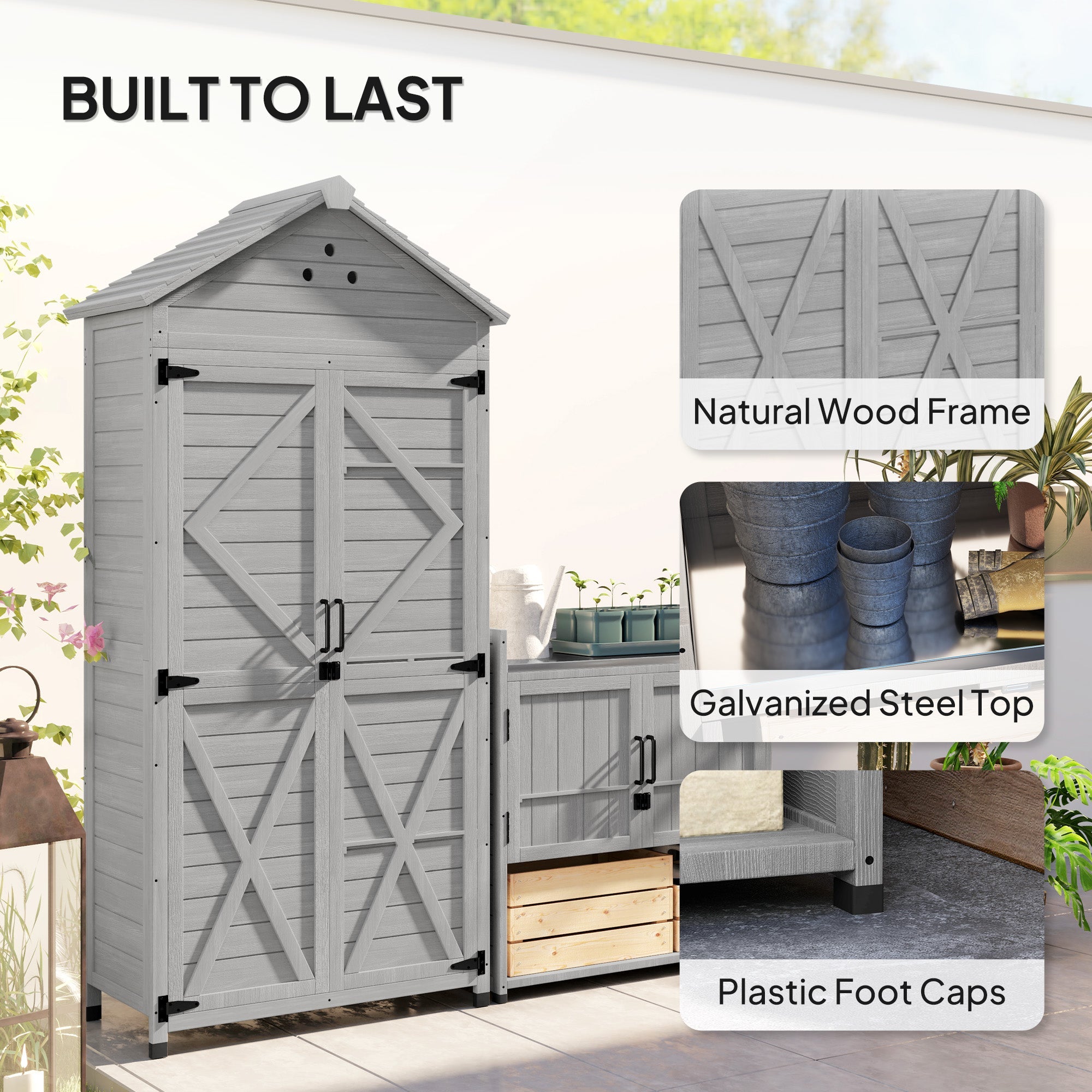 Outsunny 2-in-1 Outdoor Storage Cabinet, Wood Garden Shed with Shelves, Vent Holes, Foot Caps for Backyard, Patio, Lawn 