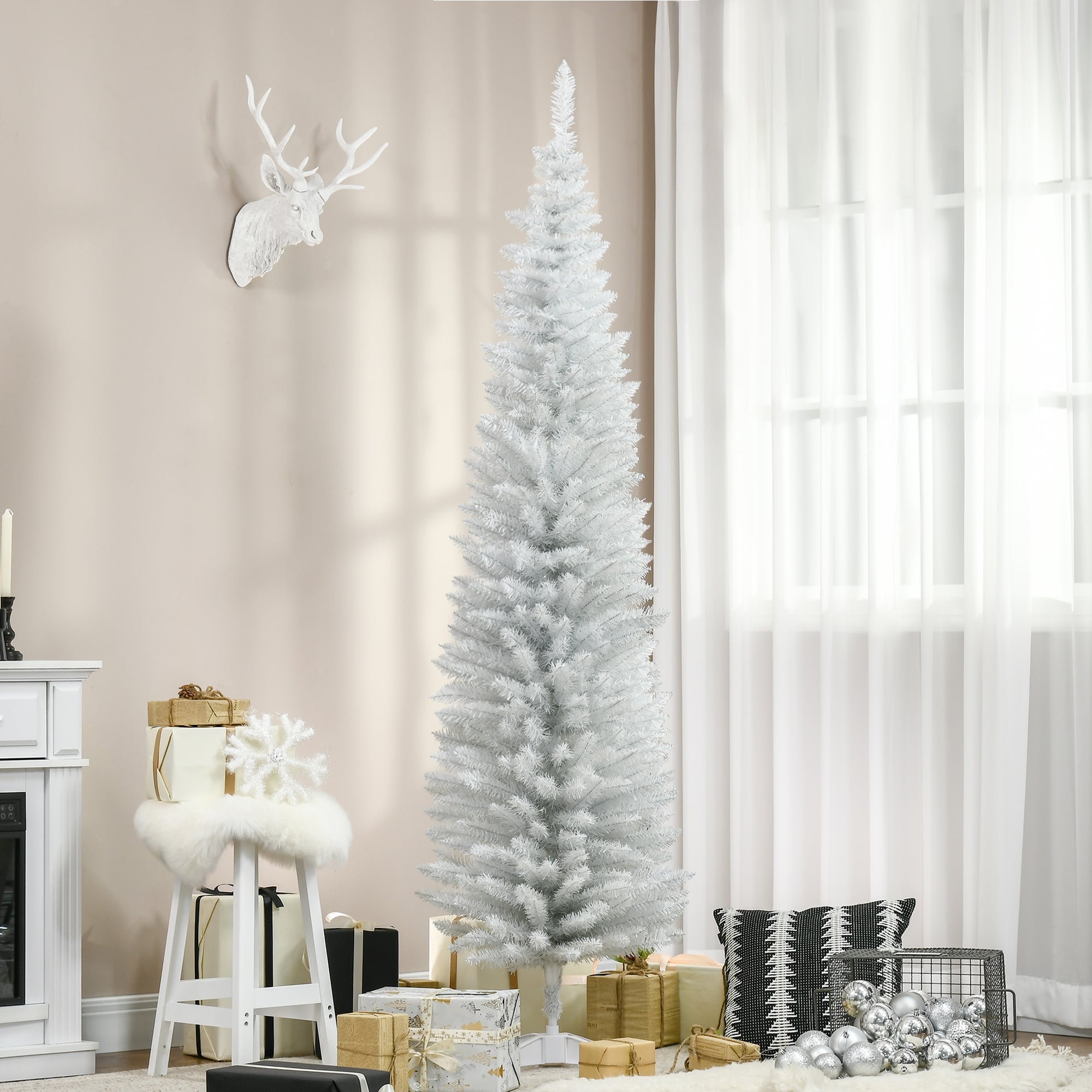 HOMCOM 7' Pencil Christmas Tree, Slim Artificial Xmas Tree with Realistic Branches, Sturdy Metal Stand, White 
