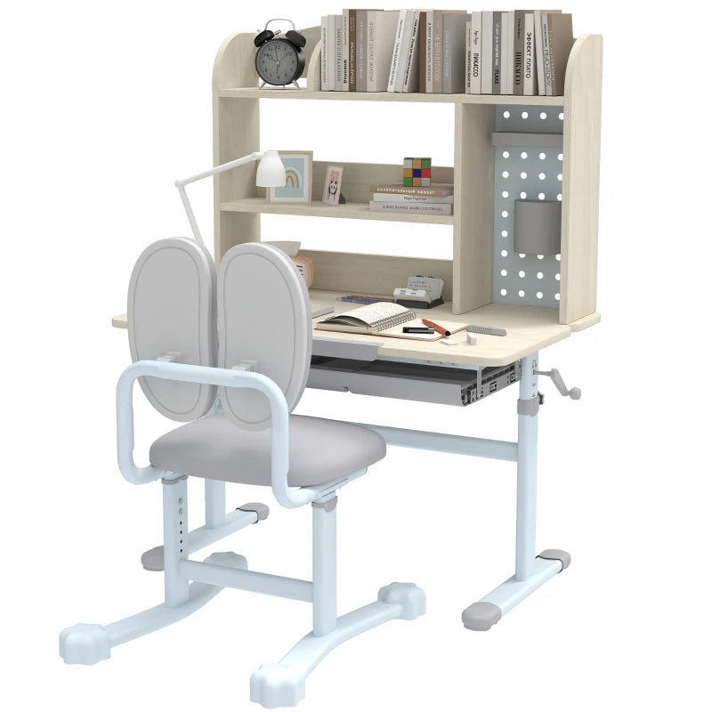 Qaba Kids Desk and Chair Set with Tilting Desktop, Adjustable Height, Drawer and Shelves for Boys Girls Ages 3-12, Grey