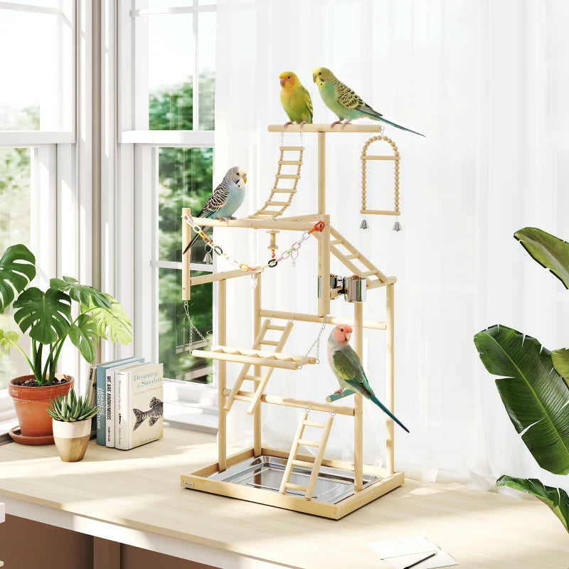 Bird Playground, 4 Layer Wooden Play Stand with Ladders, Chain Toy, Stainless Steel Cups and Tray for Small Birds