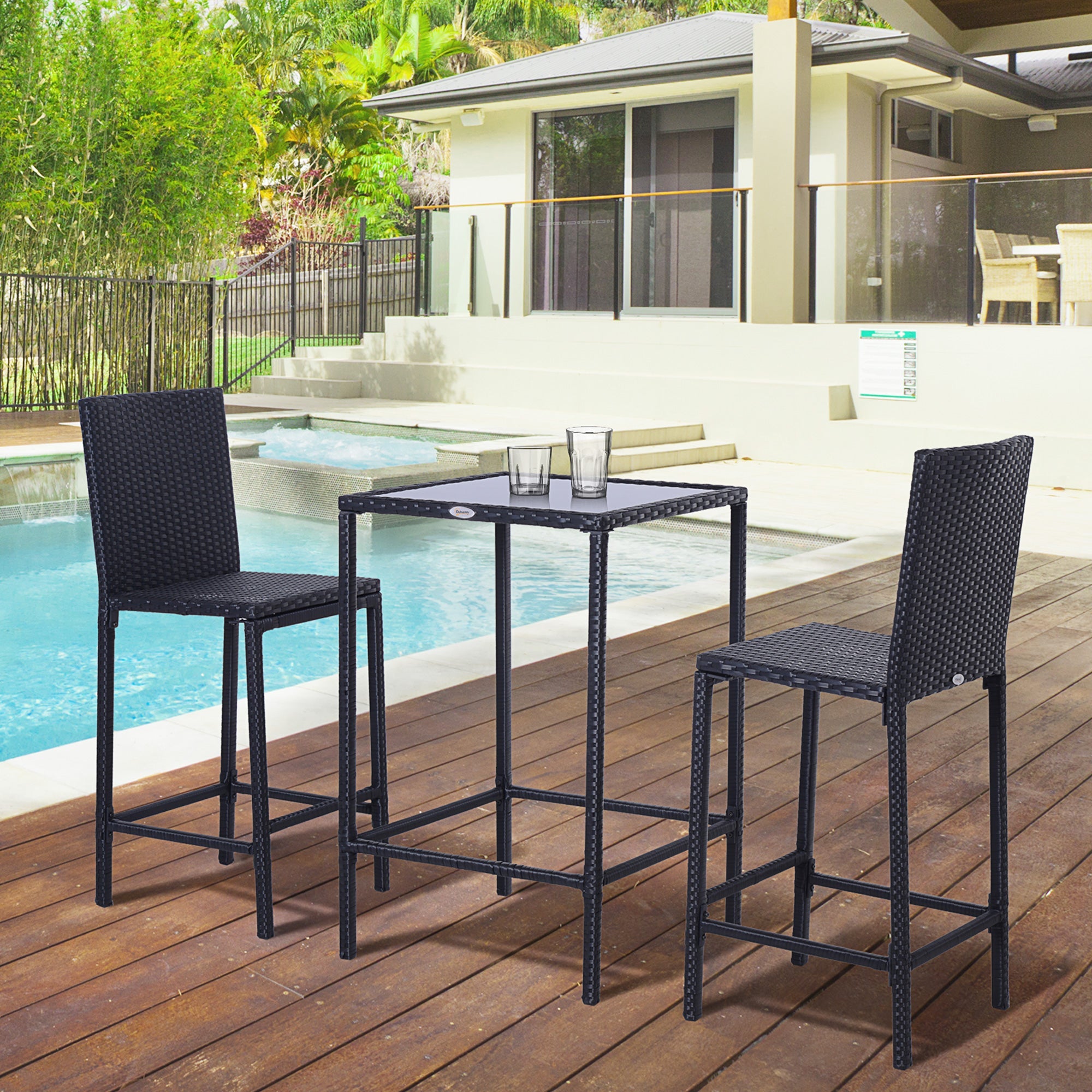 Outsunny 3pc Patio Bar Set Outdoor Wicker Rattan Garden Deck Bistro Barstool Table Furniture Brown 
