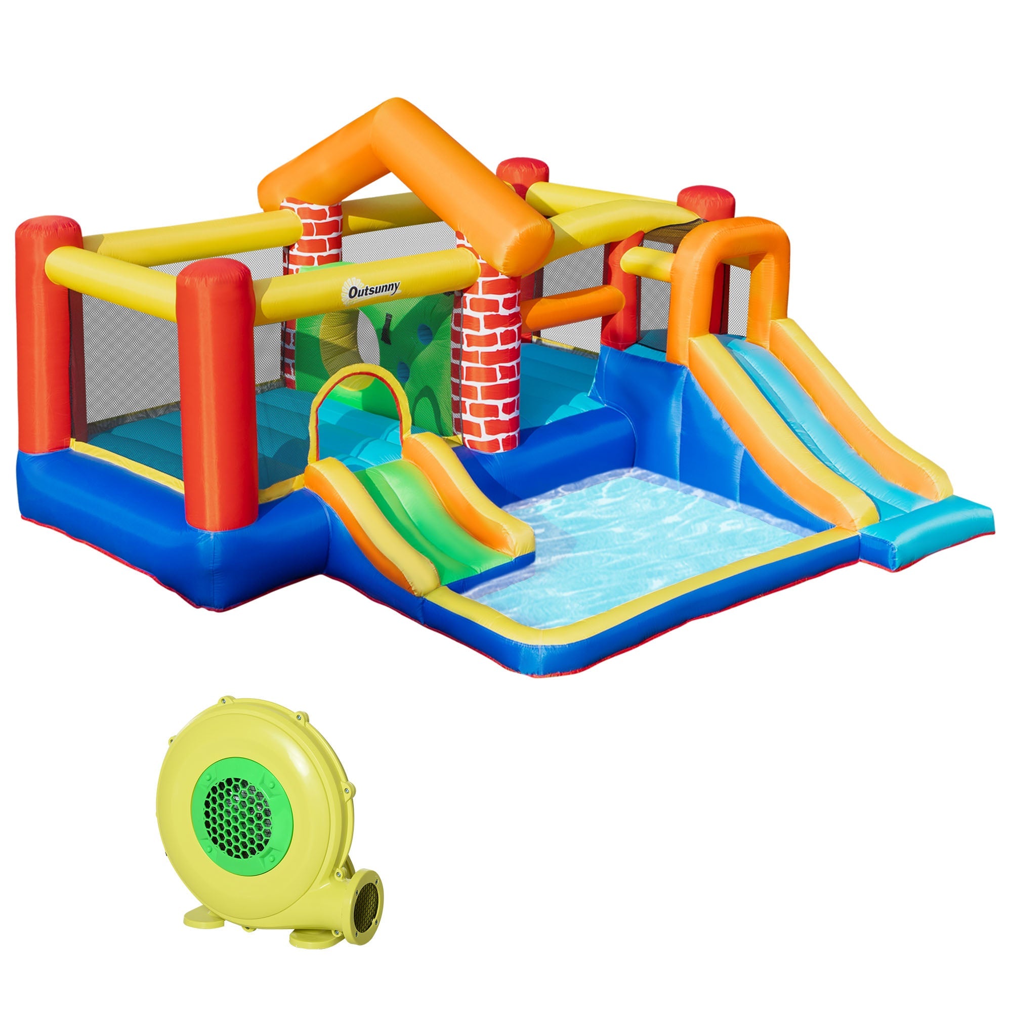 Outsunny 4-in-1 Castle Bounce House for Kids Extra Large Dual Slides Trampoline Carry Bag Air Blower 