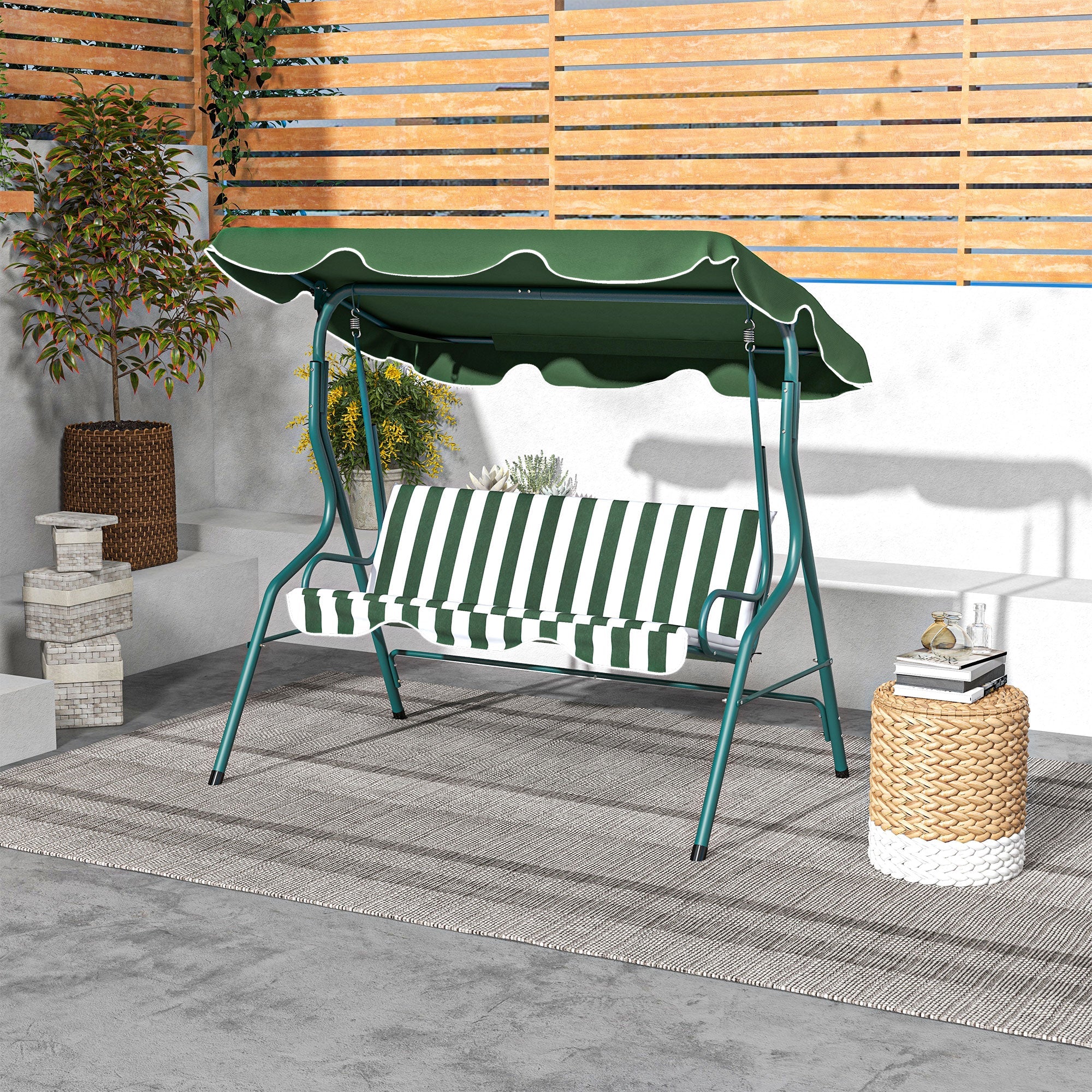 Outsunny Patio Swing Chair: 3-Seater Outdoor Porch Swing with Adjustable Canopy Cushion Green 