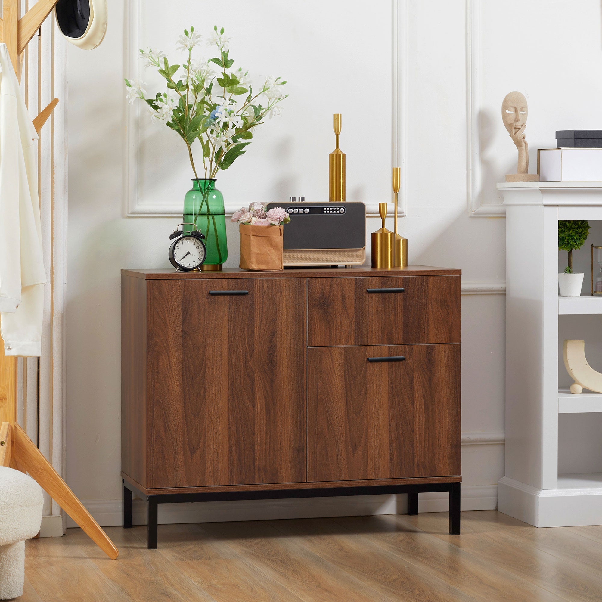 HOMCOM Kitchen Cabinet Storage Sideboard with Drawer Adjustable Shelves Enclosed Cabinet for Living Room Dining Room White 