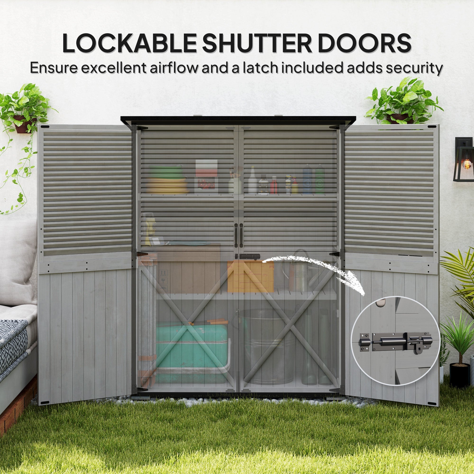 Outsunny Outdoor Storage Cabinet, Wood Garden Shed with Steel Frame, Asphalt Roof, 2 Shelves and Lockable Doors, Grey 