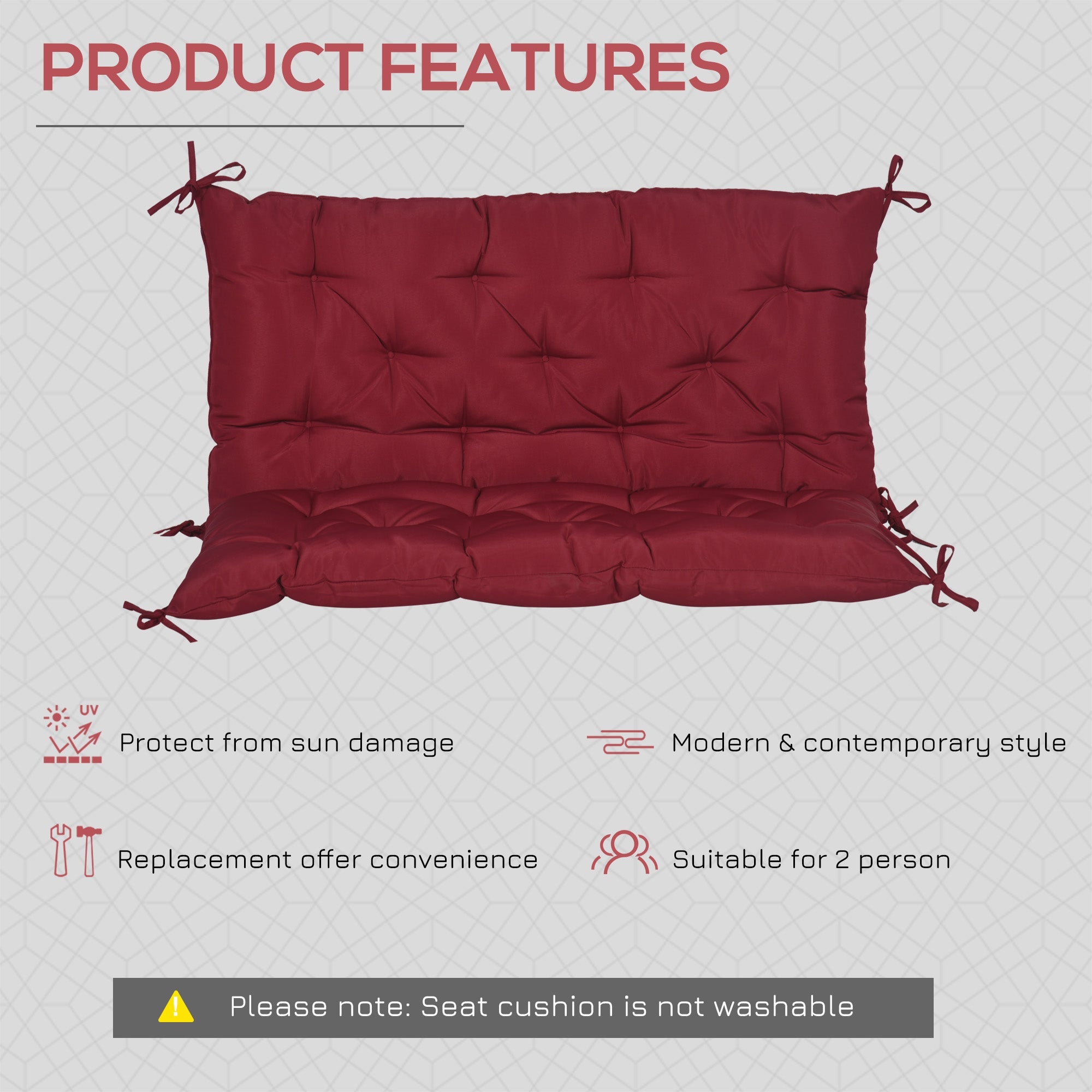 Outsunny Garden Bench Cushion with Backrest Non-Slip 2 Seater Thick Pad Swing Chair Mat Replacement 39.4"x38.6" Wine Red 