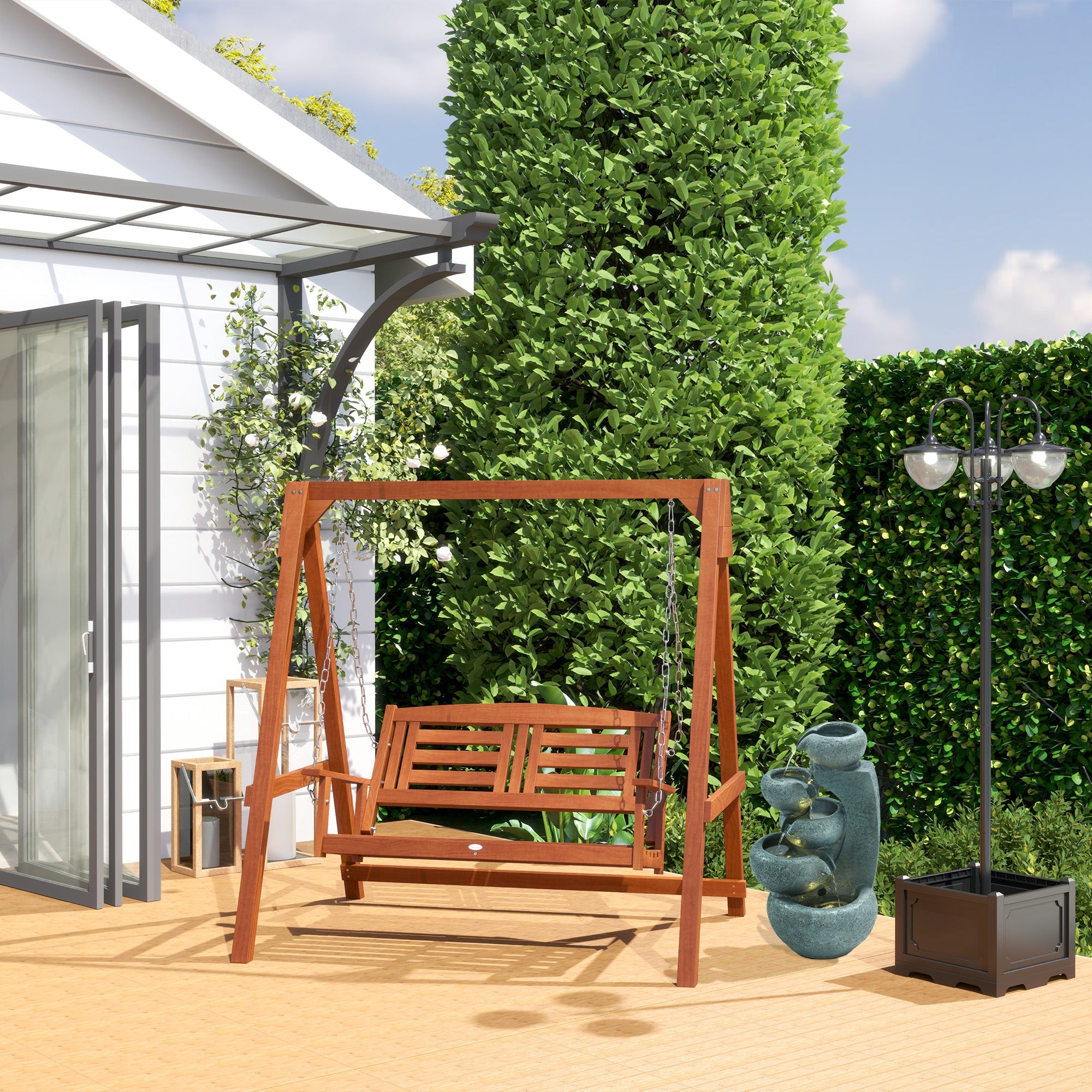 Outsunny 2 Seater Wooden Patio Swing with Stand Adjustable Chains for Garden Poolside Backyard 