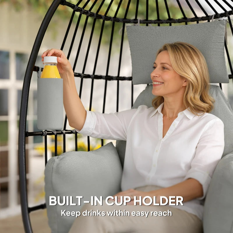 Hanging Egg Chair Without Stand, Foldable Basket Swing Chair with Head Pillow, Soft Cushion and Cup Holder, Dark Grey