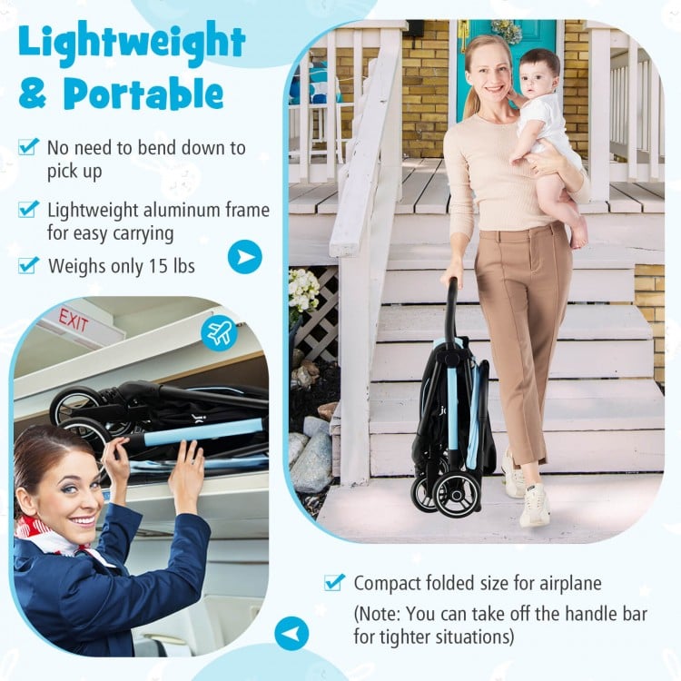 One-Hand Folding Portable Lightweight Baby Stroller with Aluminum Frame-Blue