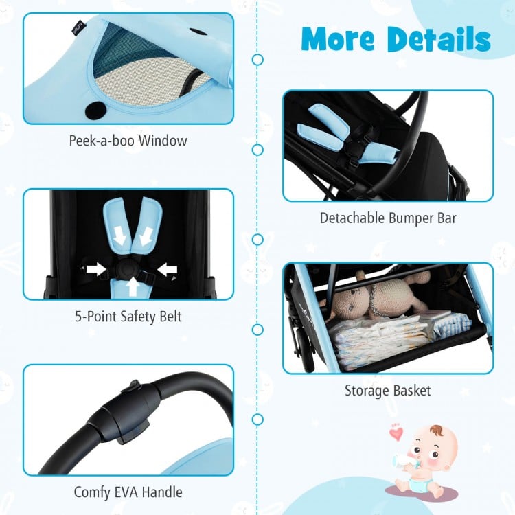 One-Hand Folding Portable Lightweight Baby Stroller with Aluminum Frame-Blue