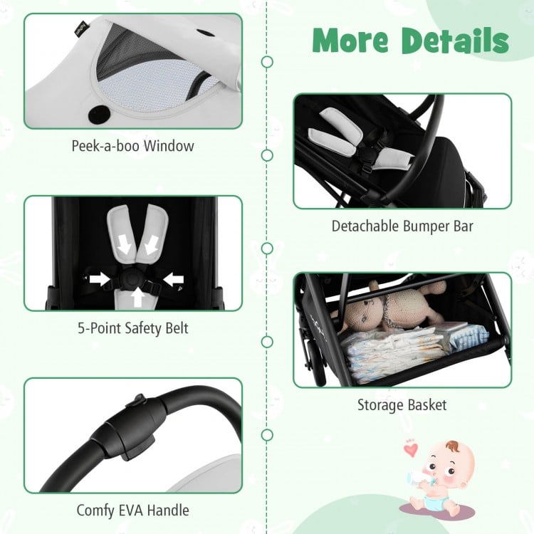 One-Hand Folding Portable Lightweight Baby Stroller with Aluminum Frame-Gray