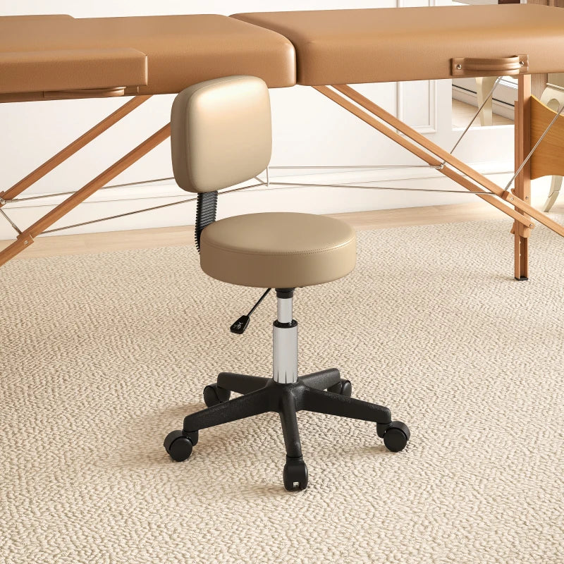 PU Leather Adjustable Rolling Stool, Round Swivel Drafting Stool with Back, Wheels, Light Brown