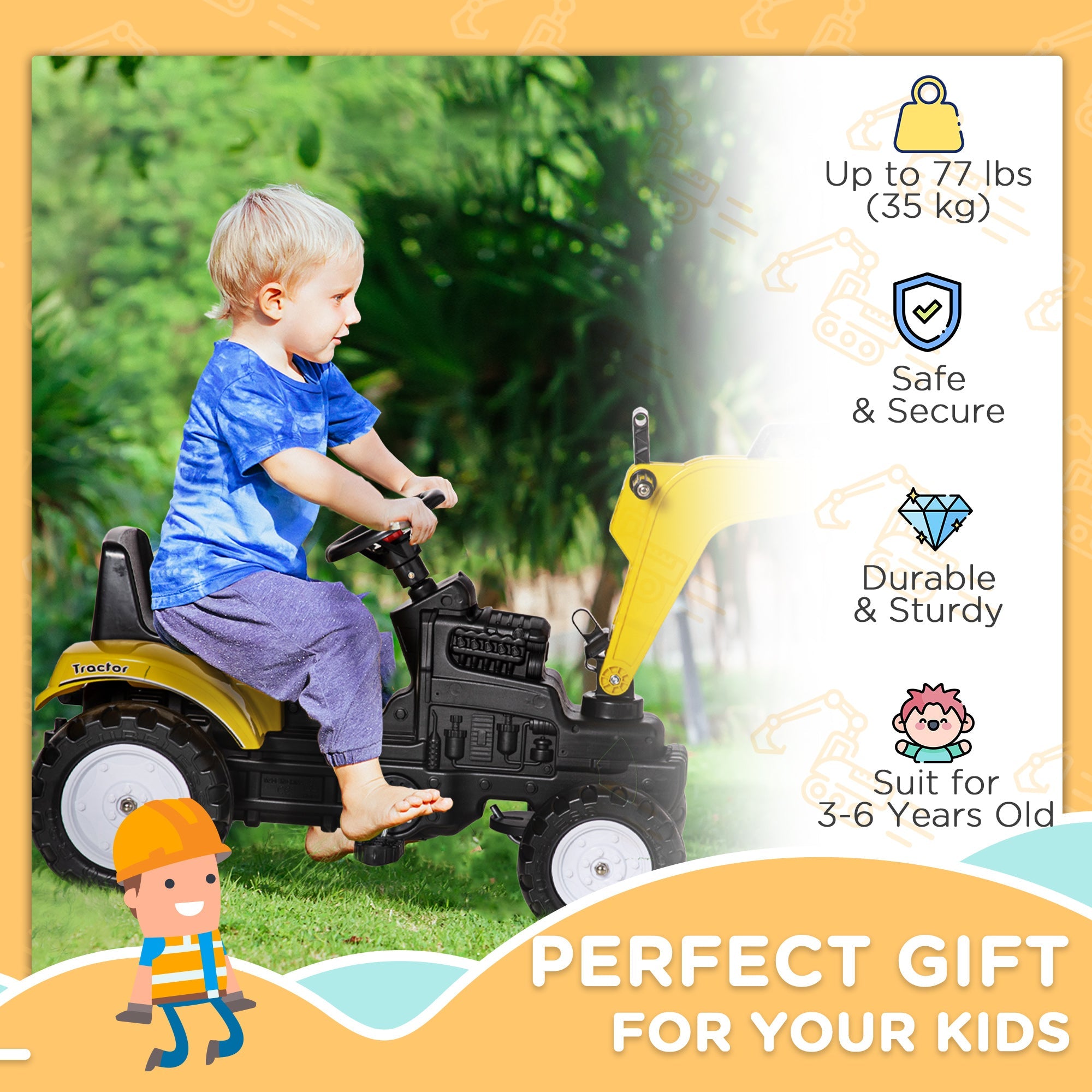 Aosom Kids Ride on Excavator, Pedal Excavator Ride on Toy, Pretend Play Ride on Tractor for Kids & Toddlers, Yellow 