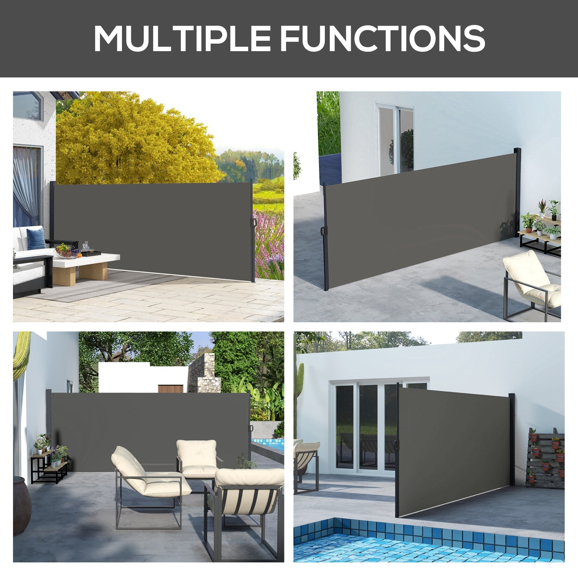 Outsunny Retractable Sidescreen: 13' x 5' Privacy Panel for Outdoor Garden Hot Tub Balcony Terrace Pool, Dark Grey 