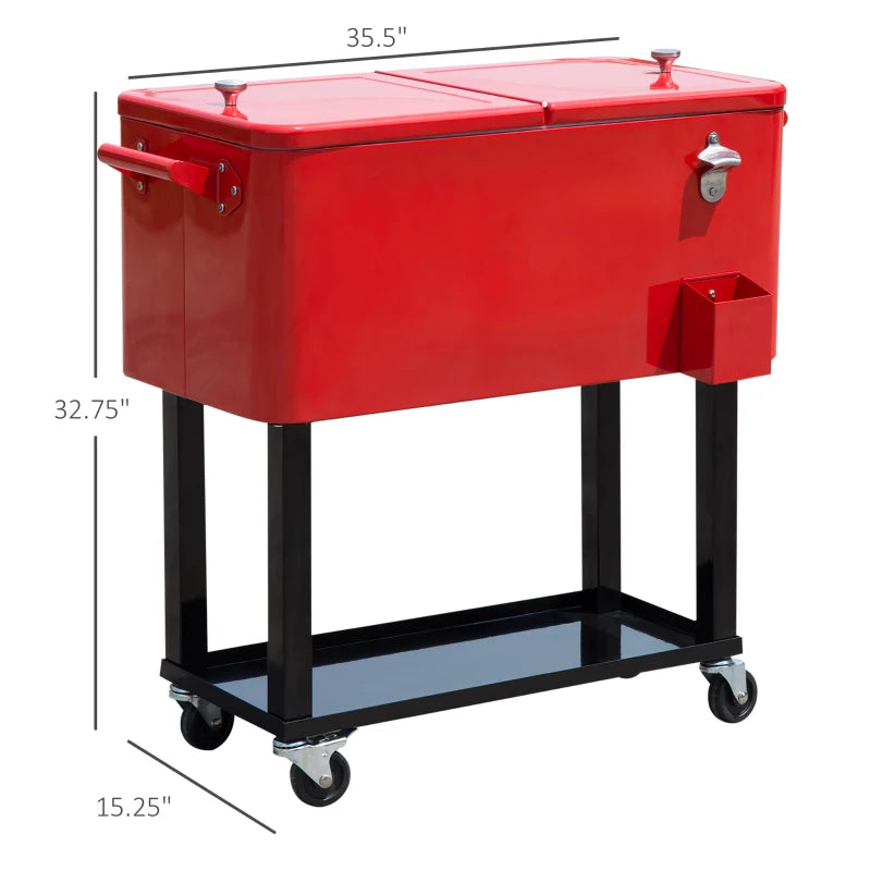 80 Quart Rolling Cooler Cart Portable Patio Ice Beer Beverage Cooling Bin w/ Bottle Opener & Storage Shelf Red