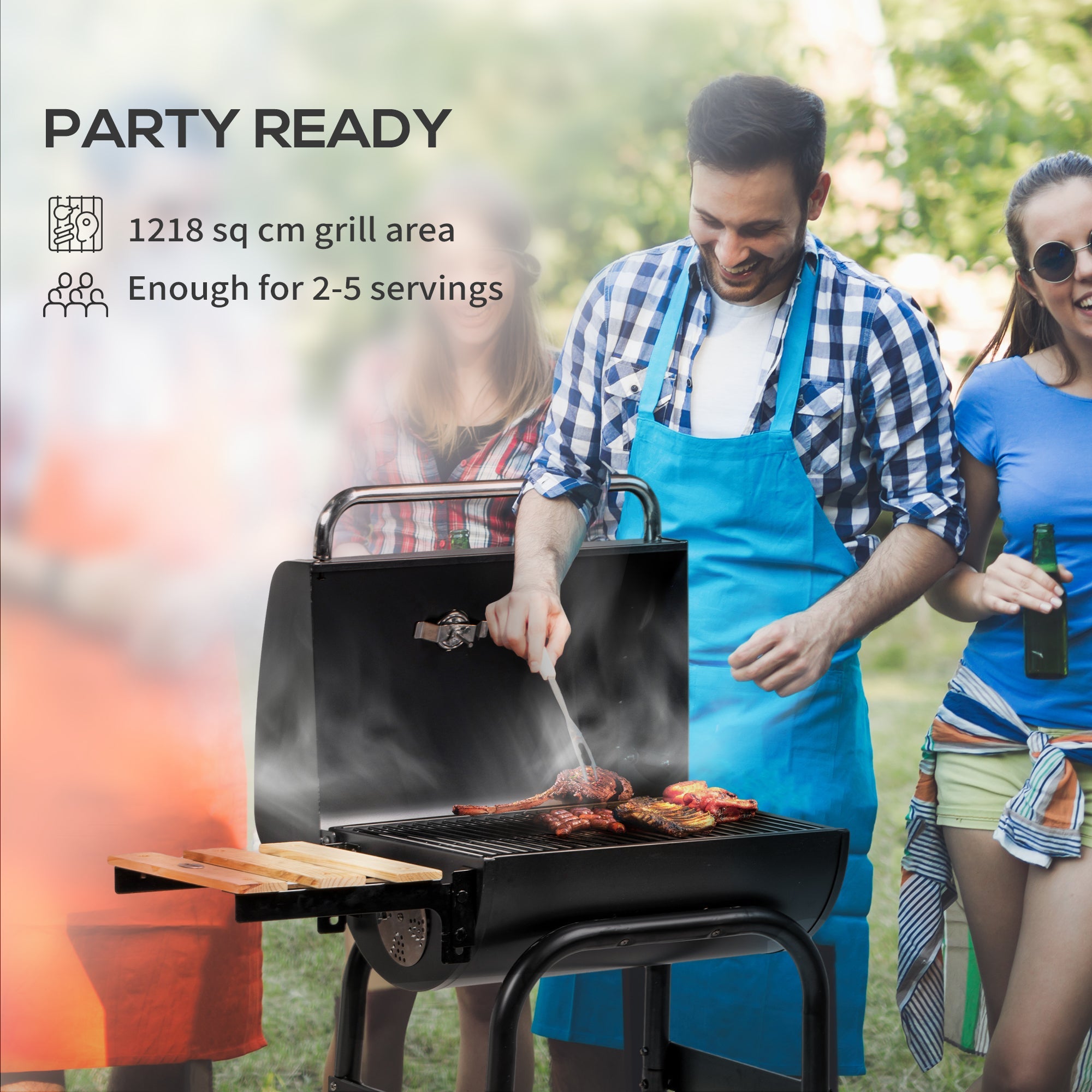 Outsunny Charcoal Barbecue Grill, BBQ with Thermometer, Shelves and Wheels, Black 