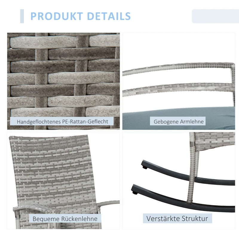 Outdoor PE Rattan Rocking Chair, Garden Glider Rocking Chair, Wicker Patio Chair Set with Armrest and Cushion, Grey