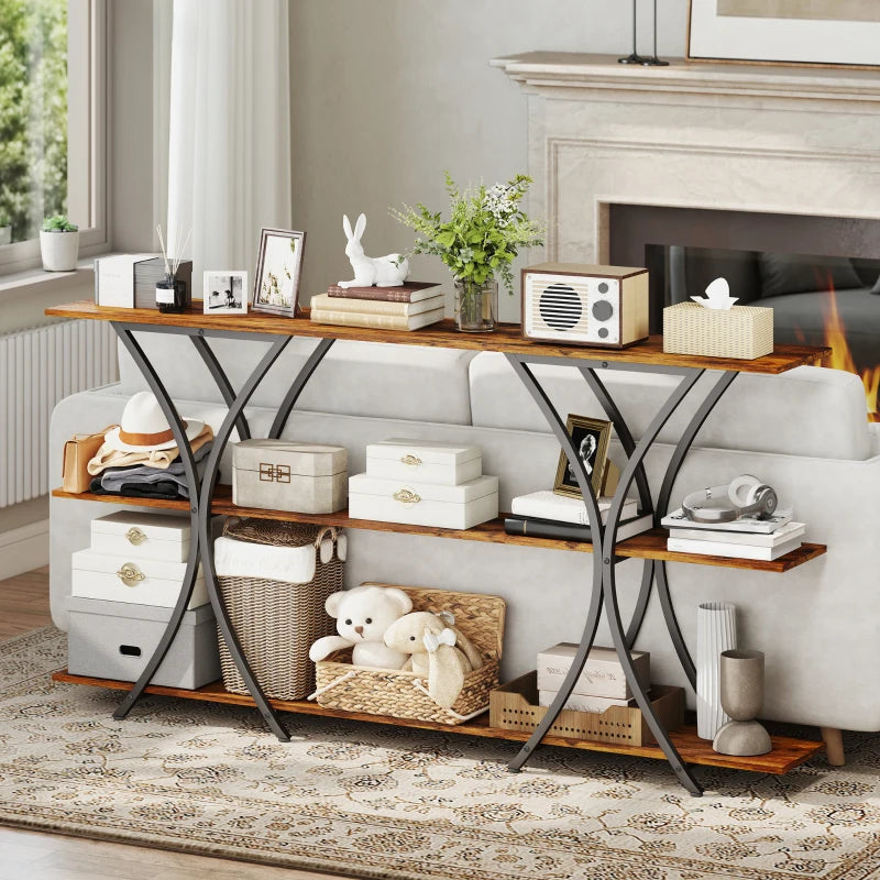 71" Console Table, 3-Tier Industrial Entryway Table with 2 Storage Shelves for Living Room, Hallway, Rustic Brown